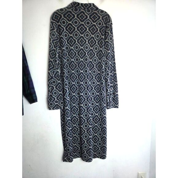 Talbots Navy Blue & Brown Ikat Tapestry Print Jersey Knit  Midi Shirt Dress 14 - Picture 2 of 7